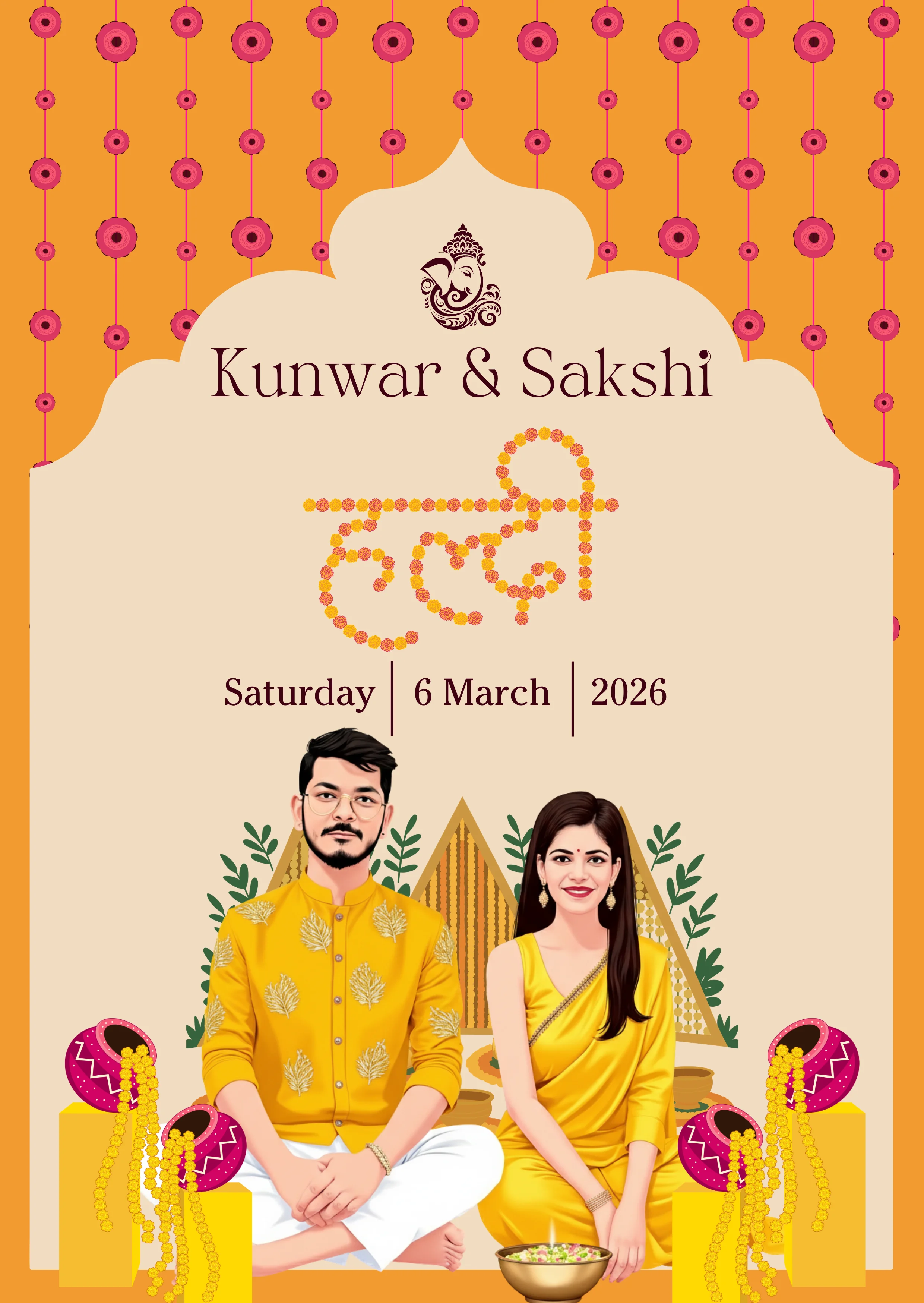 Haldi ceremony invitation card with turmeric and floral design